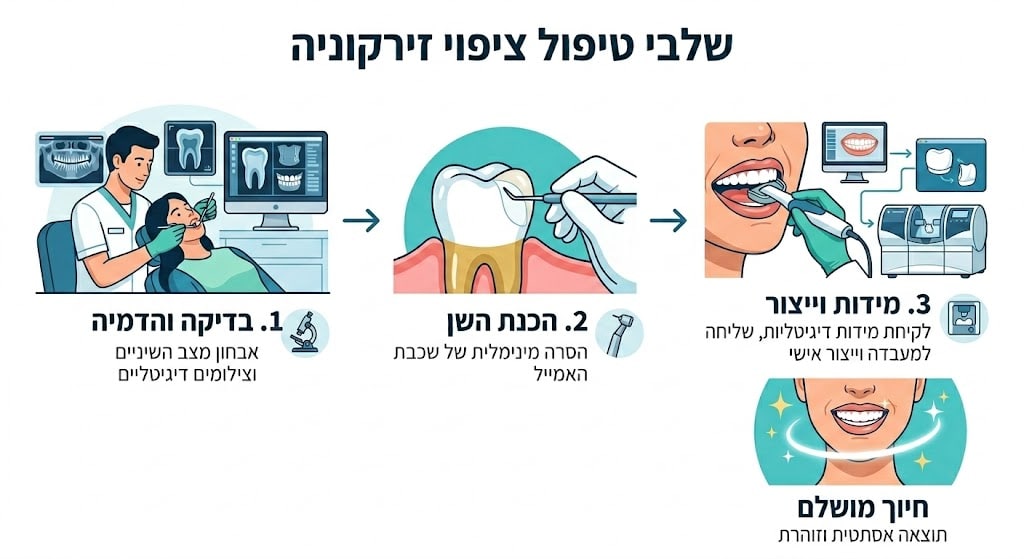 אינפוגרפיקה של טיפול עם ציפוי זירקוניה שלבי הטיפול בציפוי זירקוניה לשיניים