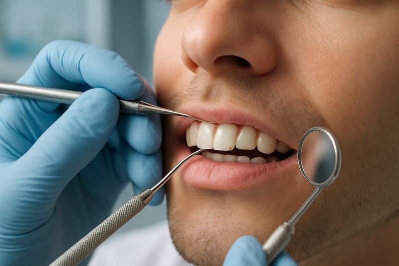 בדיקה מקצועית לאיתור וטיפול לאחר חבלה בשיניים קדמיות רופא שיניים בודק שיניים קדמיות של מטופל למניעה או אבחון של חבלה בשיניים קדמיות.