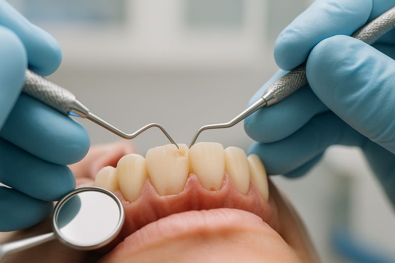 טיפול דנטלי מקצועי בשן קדמית פגועה כתוצאה מחבלה בשיניים קדמיות.