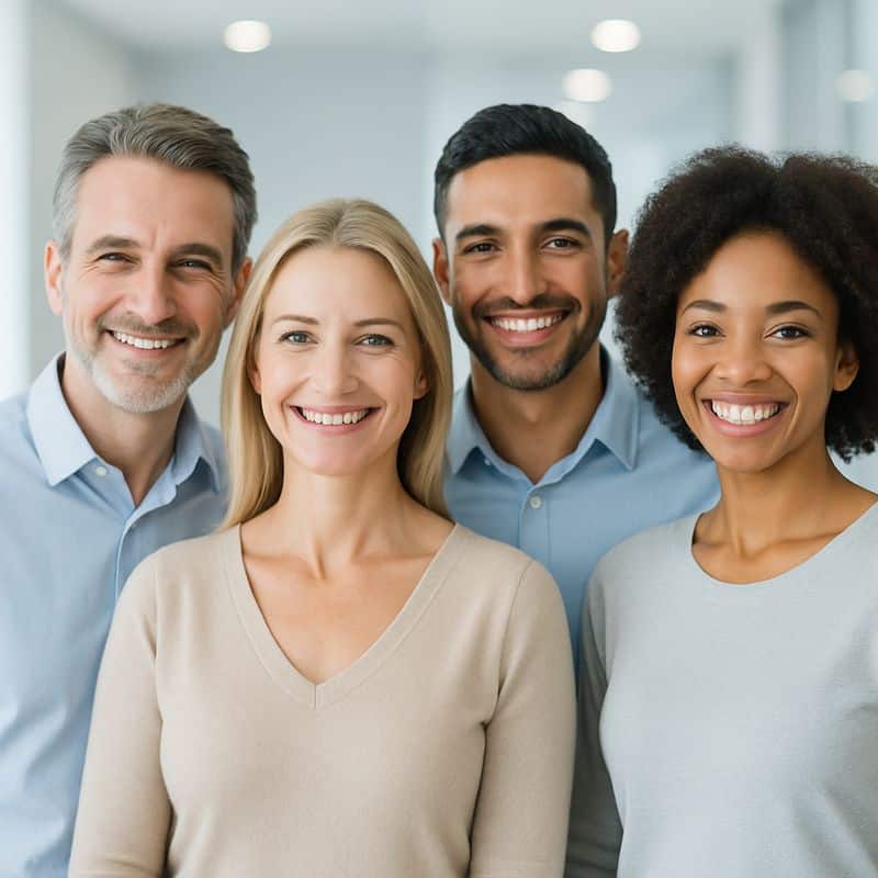 תוצאות יישור שיניים: חיוך מושלם ובריא קבוצת אנשים מגוונת עם חיוכים רחבים ובריאים לאחר טיפול אורתודנטי מוצלח.