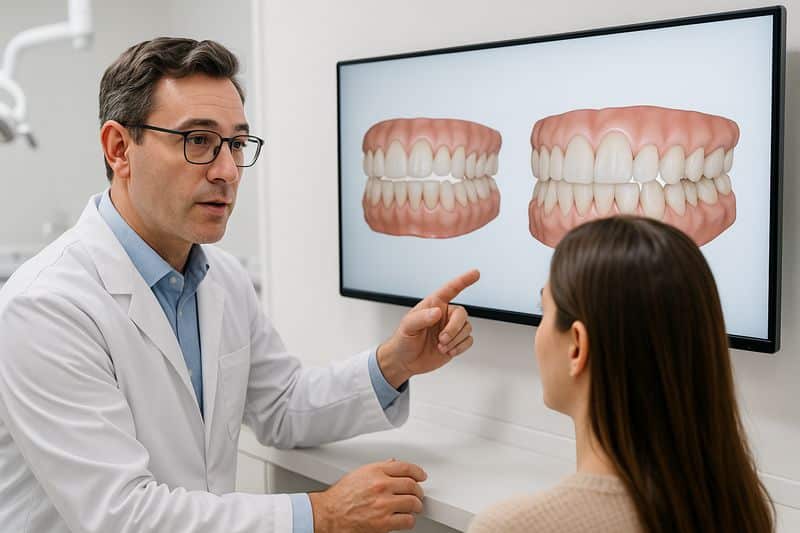 ייעוץ ותכנון טיפול אורתודנטי פרטי עם טכנולוגיה מתקדמת אורתודנט מסביר למטופלת על תוכנית טיפול אורתודנטי באמצעות הדמיית תלת מימד של השיניים על מסך במרפאה.