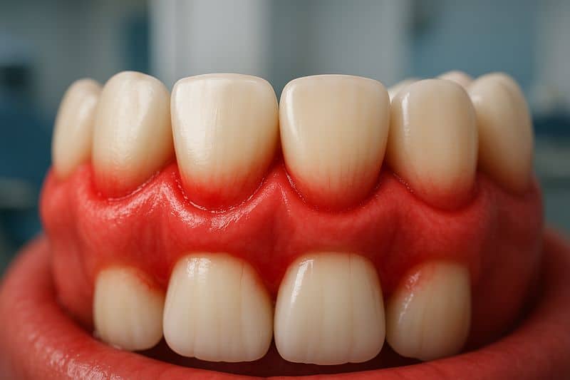 טיפול בדלקת חניכיים - המחשה ויזואלית של שלב מוקדם תקריב תלת־ממד של חניכיים מודלקות - דלקת חניכיים טיפול ראשוני