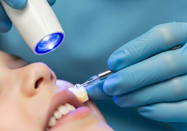 טיפול איטום חריצים לילדים רופא שיניים מבצע איטום חריצים עם אור כחול