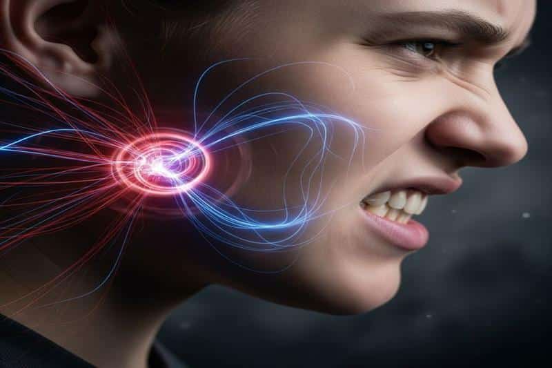 אישה חורקת שיניים עם המחשה גרפית של מתח וכאב במפרק הלסת.