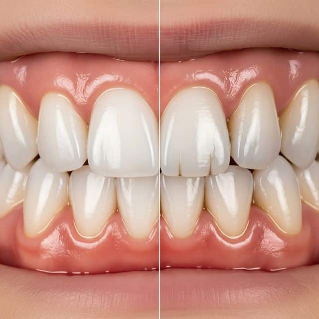 נזקי ברוקסיזם: שחיקת שיניים וסדקים השוואה בין שיניים בריאות לבין שיניים שנשחקו ונסדקו כתוצאה מברוקסיזם.