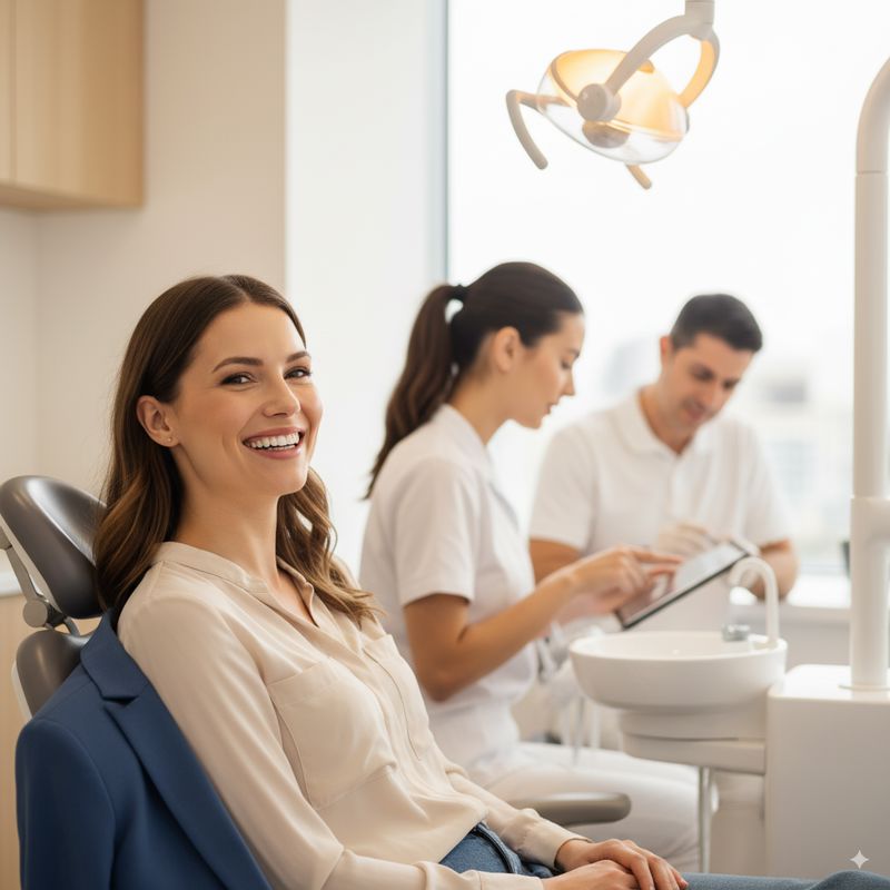 מטופלת מחייכת במרפאת שיניים