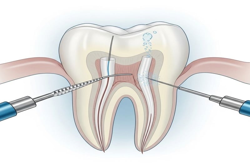 איור רפואי של טיפול שורש חוזר עם ניקוי וחיטוי תעלות השורש