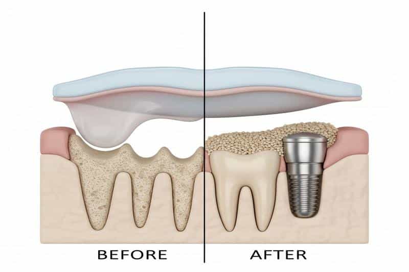 איור הרמת סינוס לפני ואחרי איור רפואי: הרמת סינוס לפני ואחרי - הוספת עצם בלסת העליונה