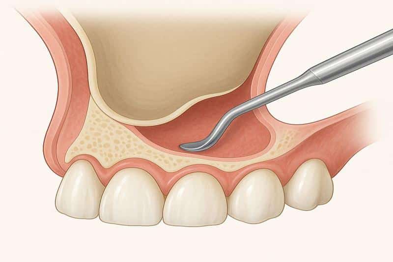 שלב התחלתי בהרמת סינוס סגורה: הרמת רירית הסינוס. כלי דנטלי המרים את הממברנה הסינוסית מרצפת הסינוס.