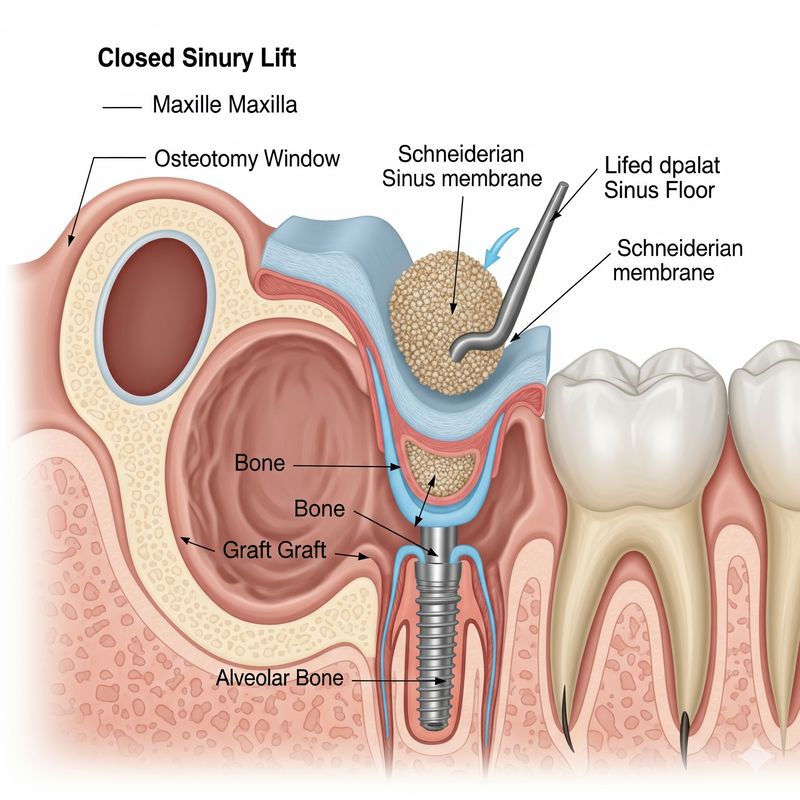 הרמת סינוס סגורה והנחת שתל. הליך הרמת סינוס סגורה עם השתלת עצם ושתל דנטלי.