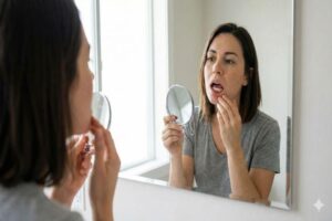 אישה מבצעת בדיקה עצמית של הפה מול מראה.