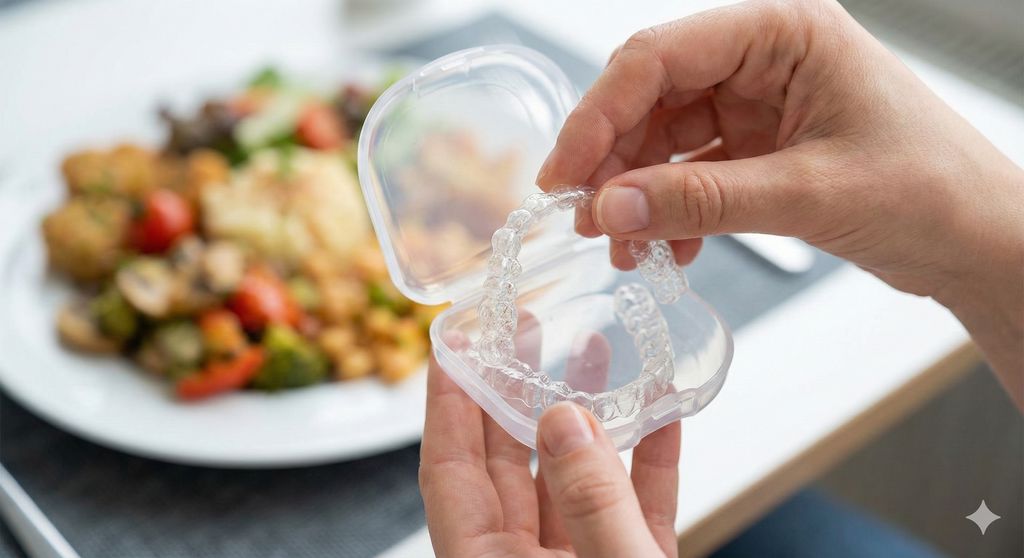 אדם מסיר קשתיות אינויזליין ומניח במארז לפני ארוחה